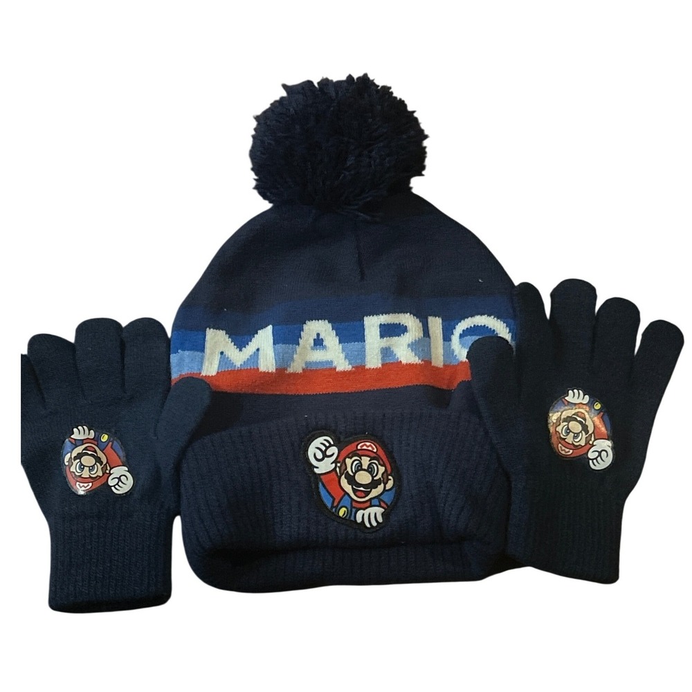 Nintendo Super Mario Bros Navy Blue Knit Beanie and Gloves Set Kids Youth
